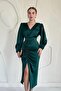 Emerald V-Neck Satin Dress - 3