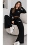Women's Black Knitwear 2-Piece Set – Ribbed Knit Crop Sweater and Wide-Leg Pants Set