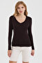 Women's Brown V-Neck Slim Fit Finger-Loop Ultra Soft Flexible Lycra Cotton Basic Body&Blouse