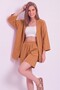 Women's Wrinkled Fabric Comfortable Fit Two-Piece Kimono Set with Shorts Beige - 3