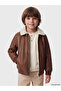 Brown Fur Collar Boy's Leather Look Coat