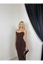 Women's Coffee Color Strapless Sweetheart Neckline Drawstring Detailed Long Slim Fit Evening Dress - 2