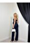 Women's Dark Blue Denim Bustier Pants Set Strapless High Waist Wide Leg 2-Piece - 4