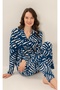 Women'S, Leaf Patterned, Navy Blue, Shirt Pajama Set (with Socks as a Gift) - 3