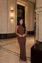 Brown Backless Halter Neck Slit Crepe Fabric Long Dress - 2