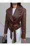 Women's Viral Tie-Detail Waist New Season Leather Jacket - 3