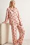 Salmon Red Heart Patterned Buttoned Ribbed Oversize Cotton Knitted Pajama Set 8071 - 2