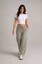 Women's Green High-Waisted, Linen Textured Gabardine, Elastic Waist, Lace-Up, Pocketed, Comfortable Cut Pants
