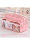Eslite 3 Compartments Large Capacity Transparent Window Soft Pink Pen Holder Pencil Case - 7
