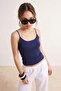 Navy Blue Plain Fitted Pool Collar Spaghetti Strap Sleeveless P Cotton R Rib Knit Knitted Undershirt Twoss26Al00034 - 2