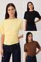 3'lü Paket Kahve-Açık Sarı-Siyah Düz Bele Oturan Büzgülü Pamuklu Esnek Örme T-Shirt TWOSS26TS00319 - 2