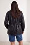 Siyah Oversize Kalıp Bel Lastikli Suni Deri Büyük Beden Mont TWOAW27AW00006 - 5