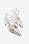 Women's Stiletto Pointed Toe Back Strap Ribbon Detailed Mesh Classic Heeled Shoes Sivon Silver - 5