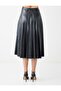 Black Leather Look Pleated Regular Waist Midi Skirt - 5