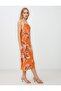 Orange Floral Patterned Strap Plain Neck Midi Dress - 5