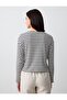 Ecru Crew Neck Long Sleeve Line Print Linen Knitted T-Shirt - 6
