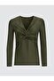 Dark Green Wrap Neckline Slim Fit Knitted Blouse - 7