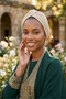 Glitter Cross-Lined Beige Ready-Made Turban Hijab Cap Suitable for Medical Use - 7