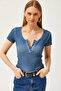 Women's Washed Indigo Camisole Blouse with Snap Fasteners BLZ-19000171 - 3