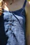 Women's Antique Denim Color Looking Back Cross Strap Organic Cotton Natural Blouse - 3