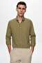 Ds Damat Slim Fit Green Buttoned Collar 100% Cotton Summer Flared Linen Look Shirt - 6