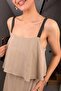 Women's Mink Thin Strap Loose Maxi Dress with Layered Detail and Pockets - 4