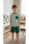 Boy's 100% Cotton Green and White Striped Pocket Waffle Fabric Short Sleeve Shorts Summer Suit