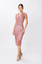 Gloria |   Sequined Midi Pencil Evening Dress Double Breasted Collar Sleeveless Front Slit - Powder