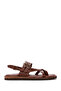 Women's Tan Ankle Buckle Leather Flip-Flop Sandals 26Sfd360418