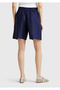 Women's Navy Blue 100% Linen Back Waist Elastic Pleated Relax Fit Bermuda Shorts - 3