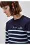 Women's Navy Blue 100% Cotton Front Embroidered Striped Crew Neck Sweater - 4