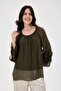 Women's Dark Khaki Italian Elastic Madonna Collar Ruffled Spanish Sleeve Lined Silk Blouse 38 - 44 Size