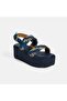 Women's Navy Blue Adjustable Buckle Straw Detailed Sandals - 5