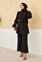 Pleated Sleeves Trousers Tunic Set - Black