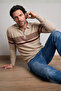Men's Zippered Polo Neck Beige Sweater Knitwear Embossed Knit Pattern Classic Fit - 5241F - 3