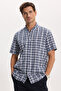 Men's regular fit classic cut 100% cotton short sleeve checkered linen effect navy blue shirt with pockets