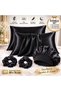 For Curly and Straight Hair (5 Pieces) Satin 50X70 Black Color Satin Pillowcase, Bonnet and Hairpin Set