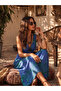Women's Blue Green Patterned Long Double-Breasted Gipeli Dress - 2