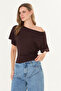 Brown Ultra Soft, Fitted at the Waist, Fully Stretchable, 95% Natural Viscose, No Show, Low Shoulder Bat Sleeve Blouse - 3