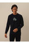 Men's Navy Blue Cotton Textured Regular Fit Long Sleeve T-Shirt