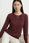 Harare Women's Drawstring Drop Neck Buttoned Knitted Jacquard Stretchy Long Sleeve Blouse & Hijab Blouse - Burgundy - 3