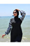 Black and White Floral Sleeves Lycra Full Covered Parachute Fabric Swimsuit Black Comfortable 3-Piece Set - 4