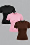 Cotton Soft Textured Natural Viscose Straight Cut Short Sleeve 3-Pack Crewneck Bluz-T-Shirt