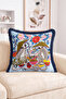 Floral and Fruit Patterned Fringed Throw Pillow Cover with Hat-Wearing Monkey Figure - Bohemian Decorative Pillowcase - 2