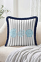 Gray and White Striped Navy Blue Fringed-Tasseled Throw Pillow Cover with Sea Shells and Coral Figures - 2