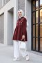V-Neck Tie Collar Ruffled Floral Embroidered Poplin Tunic - Burgundy - 5