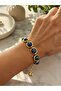 Navy Blue Lapis Natural Stone Detailed Gold-Plated Brass Bracelet
