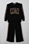 Girl's Tracksuit Set with Letter Embroidery and Leopard Pattern on the Edges, Ages 8-14, Black - 2