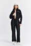 Women's Oyysho Fabric Low Sleeve Casual Crop Zipper Wide Leg Black Tracksuit Set - 7807 - 3