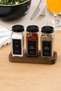 Set of 3 Glass Salt and Pepper Shakers with Wooden Stands, Black Lids and Labels - 3